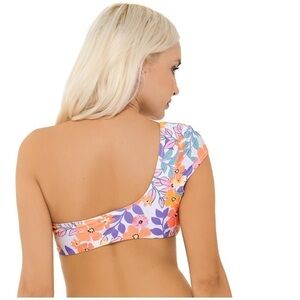 Cap sleeve One Shoulder bikini Top | Medium | Coral & purple